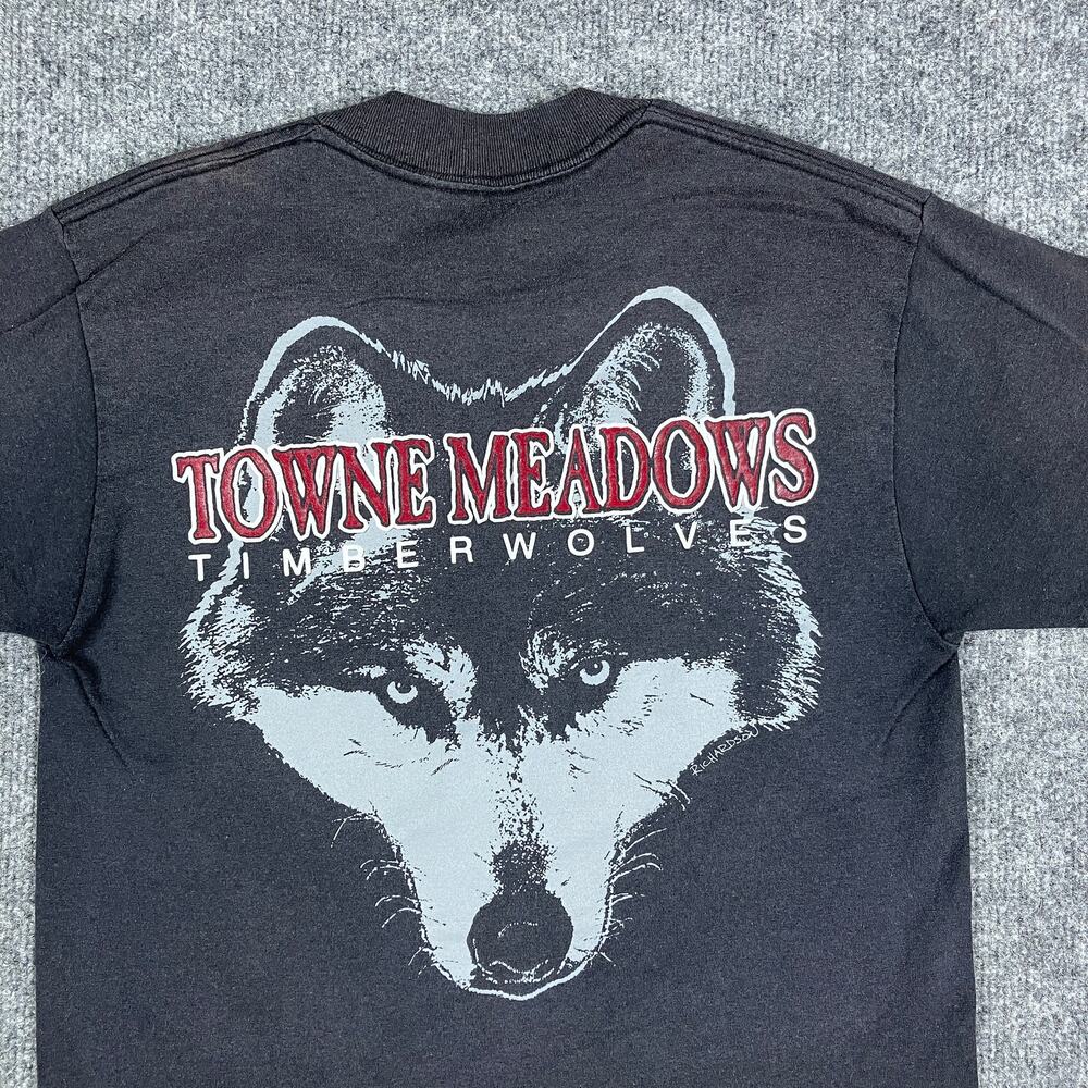 Oneita T-Shirt‎ Mens Size S Black Towne Meadows Timberwolves Wolf Graphic Tee